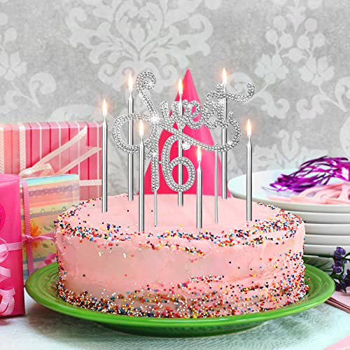Sweet 16 Cake Toppers Rhinestone Birthday Cake Topper, 20 Pcs Metallic Birthday Candles Sweet 16 Cake Candles Sweet 16 Birthday Decorations Happy Birthday Candles For Cake Birthday Decor (Silver) #TOP2