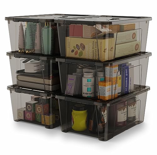Image of WYT 5-Quart Small Plastic Storage Container Bin with Secure Lids and Latch Buckles, Black Clear Durable Stackable Nestable Organizin, 6-Pack
