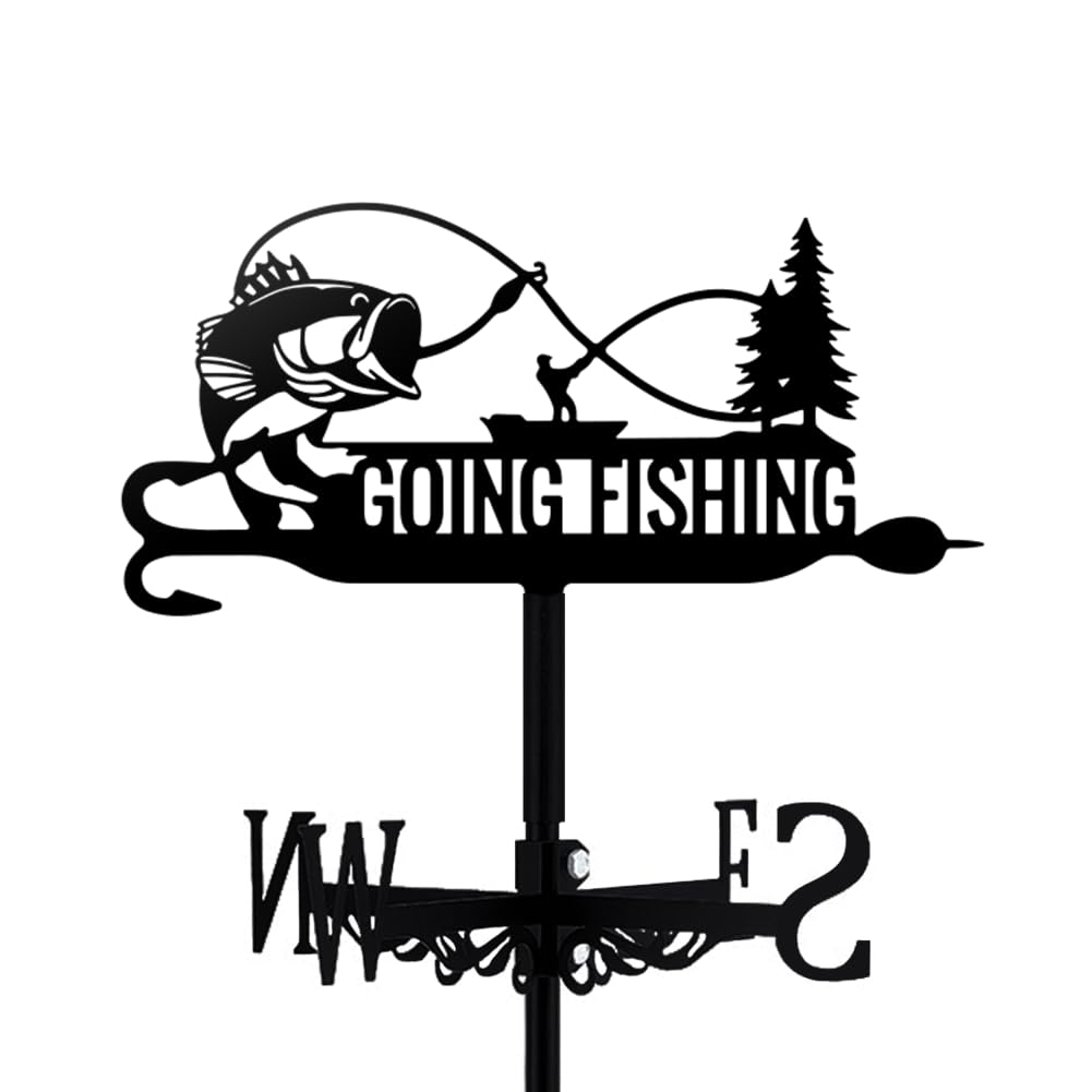 TNKBREEZE Fishing Metal Weather Vane Black Metal Wind Vanes Patio Direction Indicator for Outside Yard Farm Garden Decoration Outdoor Roof Mount Wind Measuring Tool Weathervanes (Going Fish)