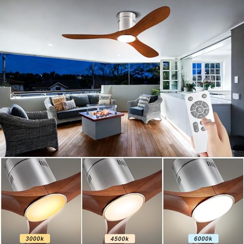 Image of 52 inch Ceiling Fans with Light with 6 Speed Remote /APP Control, Solid Wood Fan Blade, 3CCT Dimmable LED, Noiseless, Bedroom, Hallway Recessed Ceiling Fan