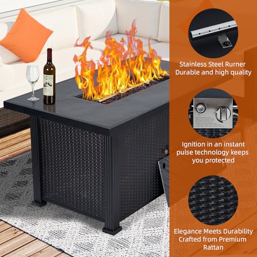 52 Inch Propane Fire Pit, CSA-Listed Outdoor Gas Fire Pit Rectangular Tabletop with Lid, 50,000 BTU Steel FireTable with Rain Cover Glass Wind for Outside Patio Yard Balcony, Black