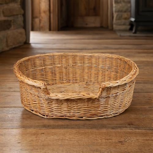 Damian-Wiklina Gemütliches handgeflochtenes Weidenkorb-Tierbett für Hunde und Katzen aus Naturweide, Größe 43 × 28 cm, niedriger Einstieg 10 cm und erhöhter Rücken 14 cm