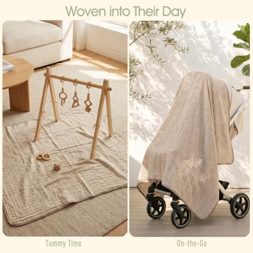 Image of Ultra Soft Muslin Baby Blanket - Made with Organic Cotton, Gender Neutral Warm Coffee Striped Jacquard, Swaddle & Crib Quilt, 43x43 Inches (Horizon Dune)