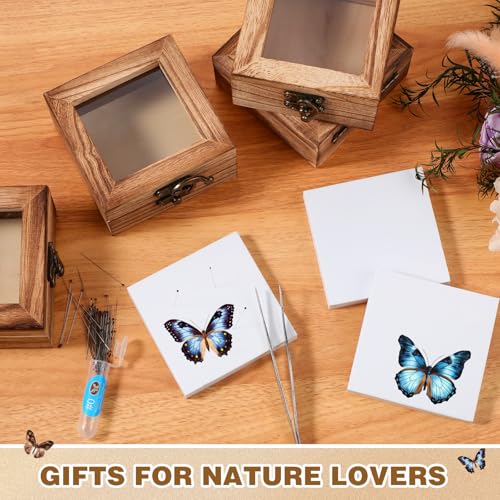 Image of Reallnaive 4 Pcs Insect Pinning Kit 4 inch Wooden Display Case Box, EVA Foam Insect Pinning Board, 100 Bug Pins for Butterfly Specimen Bugs Collection Tools (Carbonized Wood Color)
