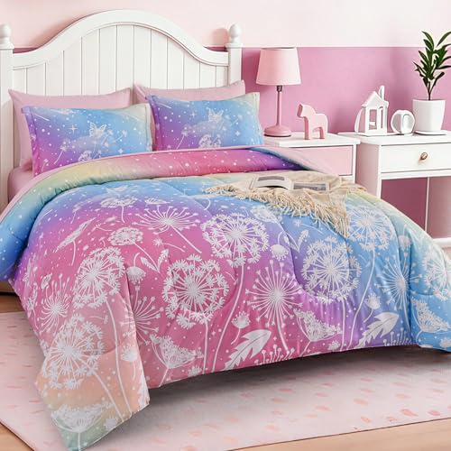 Image of Dinjoy Girls Comforter Set 5 Pieces, Twin Size Colorful Ombre Rainbow Bedding Set, Bed in A Bag for Kid Teen Girls (1 Comforter, 1 Flat Sheet, 1 Fitted Sheet, 1 Pillow Shams, 1 Pillowcases)