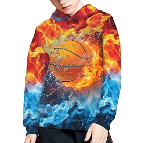 JEOCODY Fire Basketball Boys Hoodies Size 6-7 Long Sleeve Hooded Sweatshirt with Pockets Pullover Youth Kids Shirt Casual Sport Jacket