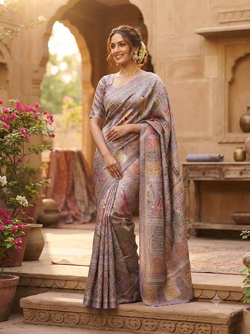 Image of Women's Pashmina Silk Saree with Kashmiri Thread Pallu and Zari Border