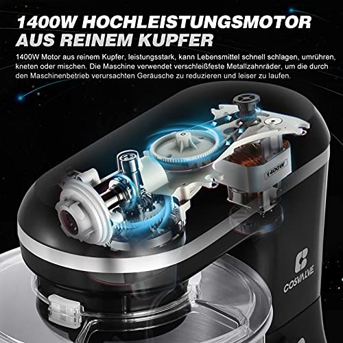 COSVALVE Küchenmaschine Knetmaschine 1400W, 7L Edelstahlschüssel mit Rührbesen, Knethaken, Schlagbesen, Spritzschutz, 6 Geschwindigkeit mit Geräuschlos Teigmaschine (Schwarz) – Bild 6