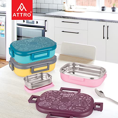 Image of Attro Food Time Stainless Steel Lunch Box, Airtight & Leak Proof - 2 Containers with Spoon (Big 750 Ml & Small 250 Ml) for Office Use, School, Picnic - Purple & Pink