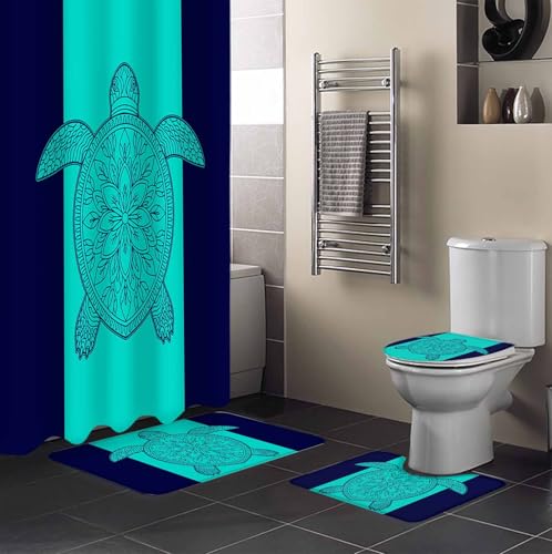 Turtle Mandalas Bathroom Set with Shower Curtain and Rug Accessories - 36x72 Inches Long Boho Modern Abstract Blue Stripe Summer Stall Curtain Waterproof with Large Bath Mat,Washable Runner Rug Set