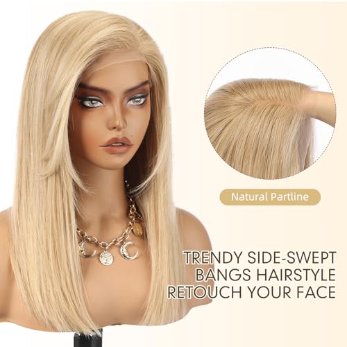 Image of KKU 100% Human Hair Wigs for Women,Real Human Hair Wigs,Side Swept Bangs Lace Front Wig(16 Inch,Golden Blonde)