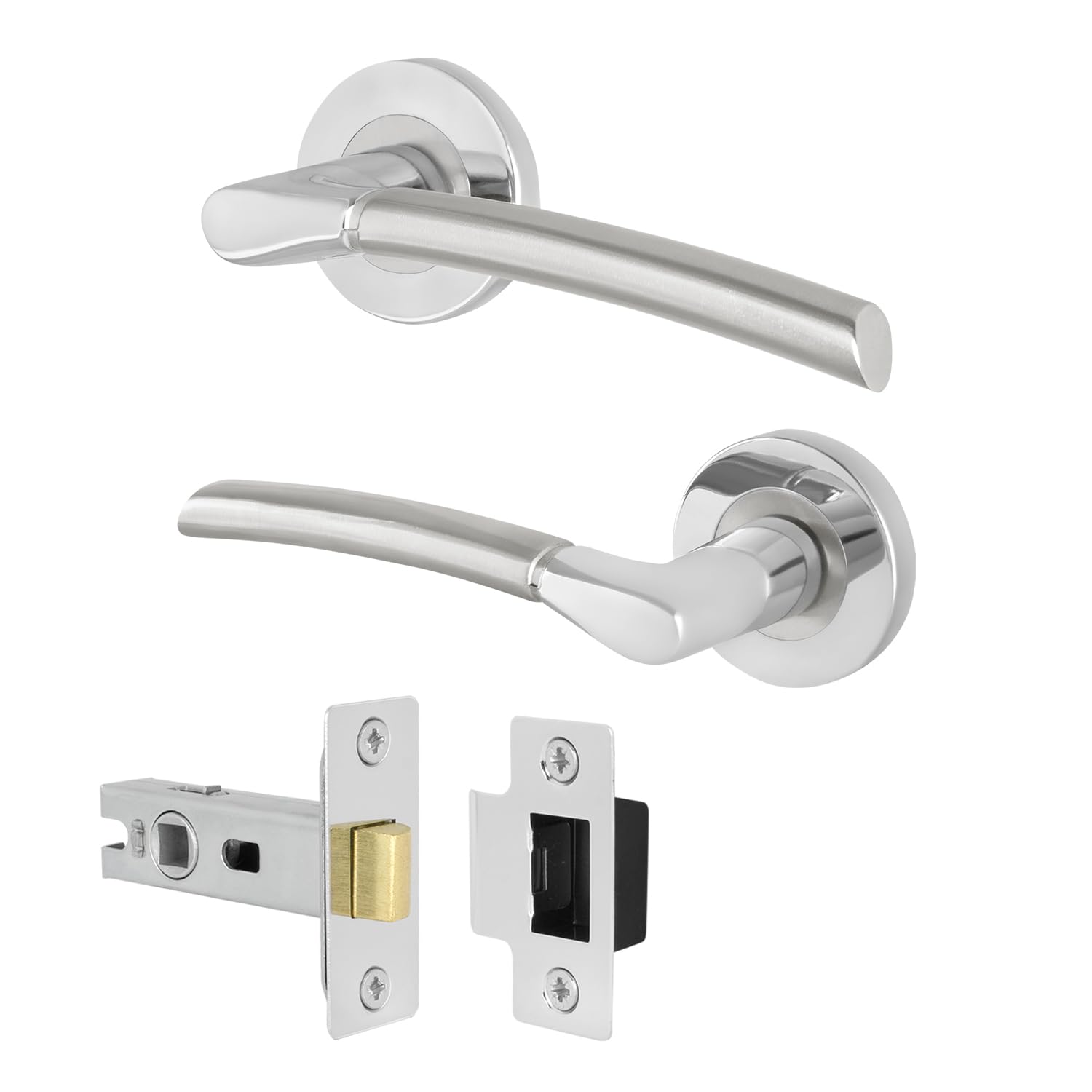 Eai Silver Chrome Door Handle Latch Set, 1 Pair Internal Round Rose Polished Chrome And Satin Nickel Handles, Latch 64Mm - Bova