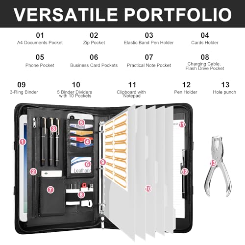 Image of Leathario Portfolio Binder, Includes 5 Folder Index Dividers,1 Hole Punch,13 Inch Tablets Organizer with Handle, Vegan Leather A4 Padfolio, Multi-Pocket Notepad Business Planner Professional Document