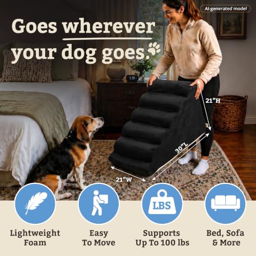 Image of Snoozer Scalloped Dog Ramp, 21 inch Tall Foam Pet Stairs, 5 Steps, Black