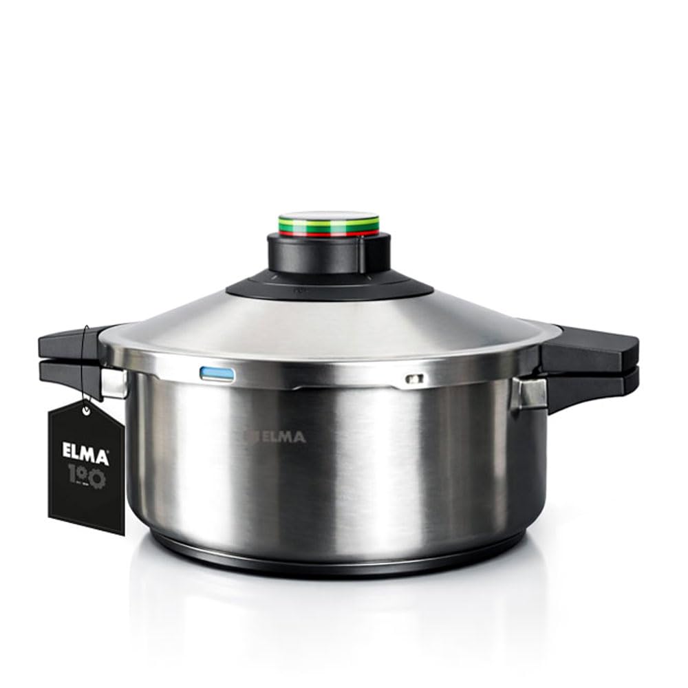 ELMA Olla a Presión Prêst de 4 Litros, Ø24 cm | Acero Inoxidable 18/10, Fondo Encapsulado Apto Inducción, 2 Modos de Cocción, Triple Sistema de Seguridad, Tapa de Cristal Incluida