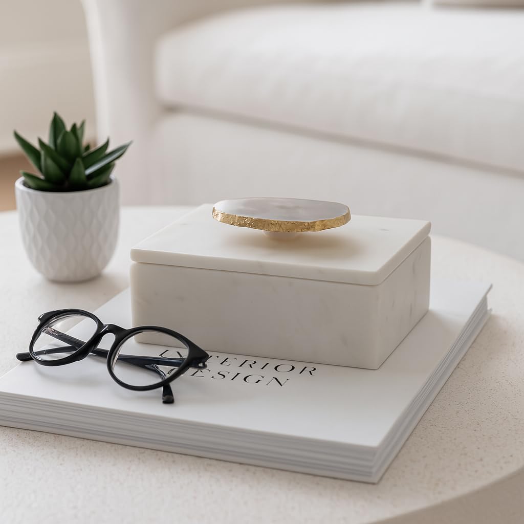 Marble Decorative Box for Home Decor – Jewelry Box with Lid and Gold Accent for Keepsakes – Ideal Home Organizer and Storage Box for Living Room, Bedroom, & Office Decor – 3" White & Gold