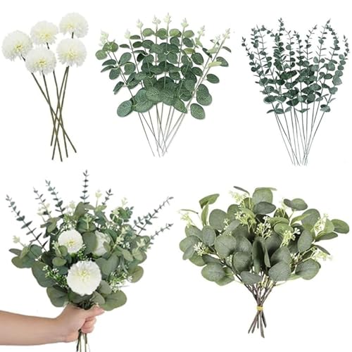 RPHONGHONG 30 ramas artificiales de eucalipto y flores artificiales, ramas de eucalipto, ramas decorativas artificiales de hortensias, flores para bodas, centros de mesa, arreglos florales, decoración
