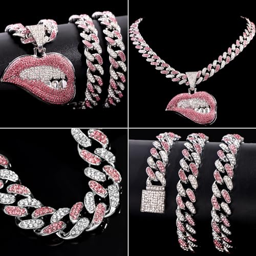 Iced Out Chain for Women Men, Cuban Link Chain, Hip Hop Pink Bite Lip Shape Pendant Necklace for Women with Bling Iced Out Silver Color Cuban Link Chain HipHop Necklace Jewelry3