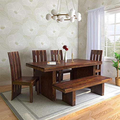 Image of KENDALWOOD Furniture Sheesham Wood Dining Table with 6 Seater with 1 Bench |1 Year Warranty | 6 Seater Dining Set- Dining Room Furniture (Finish Color:-Teak Finish) -DIY(Do-It-Yourself)