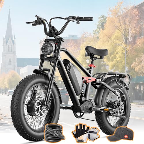 eAhora Terra 2 [2025] Dual Motors Electric Bike for Adult, 3000W Peak, 33MPH, 80 Miles Long Range E-bike, 20 Inch Fat Tires, Full Suspension Mountain E-bike, LCD Display, Commute, Delivery, Men, Women