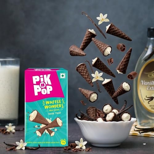 Image of Pik n Pop Vanilla Mini Waffle Cones 70g (Pack of 2) | Crispy Cones with Creamy Vanilla Filling | Whole Wheat | Non-Meltable Ready-to-Eat Snack | 100% Eggless