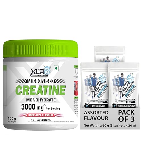 Image of XLR8 Creatine Monohydrate Powder Micronized | Rose Afza, 100g with Isotonic Energy Drink, Electrolyte Powder (Assorted, 60g) | Pre & Post Workout Supplement | Muscle Growth & Extended Workouts