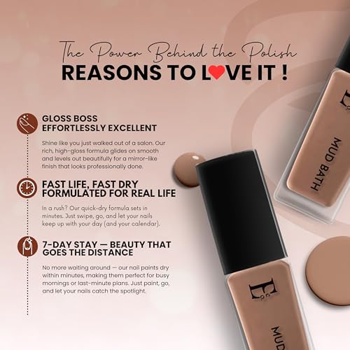 Image of Ellement Co. Mudbath Vegan Nail Polish,16-Free Formula, Long Lasting, Non-Yellowing, High Gloss Finish, Quick Drying, Cruelty Free - 10ml