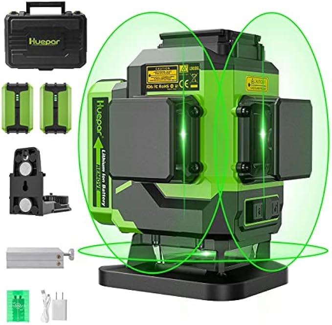 Huepar Laser level 3D Green Beam Tiling Floor Laser Tool with 2 Li-ion Batteries 3 x 360 Cross Line Self-Leveling Leveling and Type-C Charge Port & Magnetic Bracket, Hard Carry Case-LS03DG