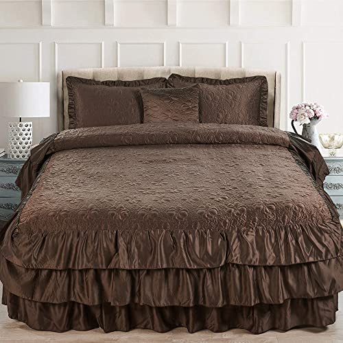 Home Soft Things 4 Piece Matte Satin Ruffle Quilted Bedspread Set 24" Drop Ruffled Style Bed Skirt Coverlets Lightweight Reversible Bedding Set Cover, Queen 60" x 80" + 24", Chocolate