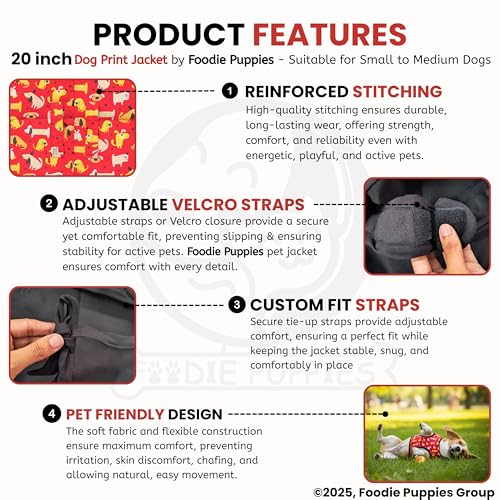Image of Foodie Puppies Dog Winter Jacket - (Dog Printed, 20 Inch) for Small to Medium Dogs | Ultra Warm Waterproof & Windproof Coat | Adjustable Velcro Closure, Washable Vest for Cold Weather