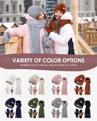 Womens Satin Lined Beanie Scarf Gloves Set, Silk Lined Winter Hats Knit Scarf Touchscreen Gloves, 3 Fashionable Warm Gift Set - Image 7
