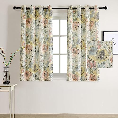 Image of MYSKY HOME Flax Linen Curtains 63 Inches for Bedroom Linen Style Curtain Draperies for Living Room Vintage Floral Printed Pattern Drapes with Grommet, 2 Panel, 52 x 63 Inch, Yellow and Natural
