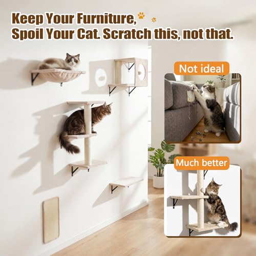 Kit de Muebles de Pared para Gatos con Rascador y Estantes Beige miniatura 5