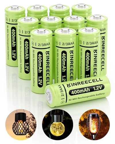 KINREECELL 2/3AAA   Batería solar (2/3 AAA, 400 mAh, Ni MH, alta capacidad, 2/3 AAA de 1,2 V, con baja autodescarga para luces solares exteriores, 2/3 AAA 400 mAh, 12 unidades)