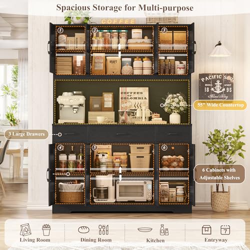 Image of HOSTACK 71 inch H Kitchen Pantry Cabinet, 55 inch Kitchen Hutch, Black Wood Grain | Large Pantry Starge Cabinet with Charging Station / Countertop / Drawer, Farmhouse Hutch Cabinet with Storage for Dining Room