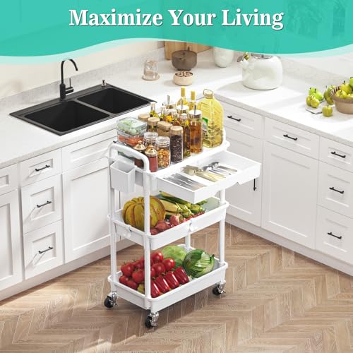 Image of SUNALLY 3 Tier Rolling Cart with Drawer, Bathroom Storage Organizer with 2 Lockable Wheels, Multifunctional Rolling Storage Cart for Bathroom, Kitchen, Office, Craft, Makeup, Baby Essentials, White