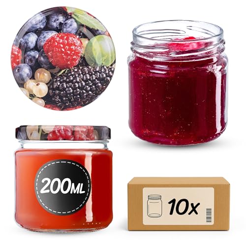 KADAX Lot de 10 bocaux 200 ml avec couvercles à vis Ø 66 mm – bocaux à dessert à parois épaisses, hermétiques, lavables au lave-vaisselle, idéaux pour les confitures et conserves