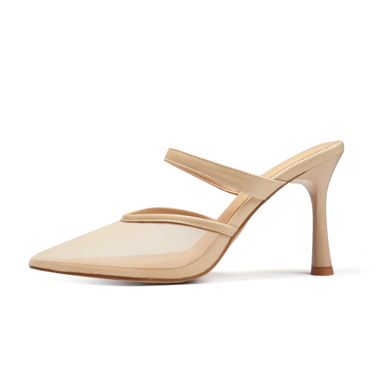 XUNHGAXE Mesh Kitten Heels for Women Slip On Pointed Closed Toe Mules Heeled Sandals Cute Pumps Dress Party -Almond-7.5