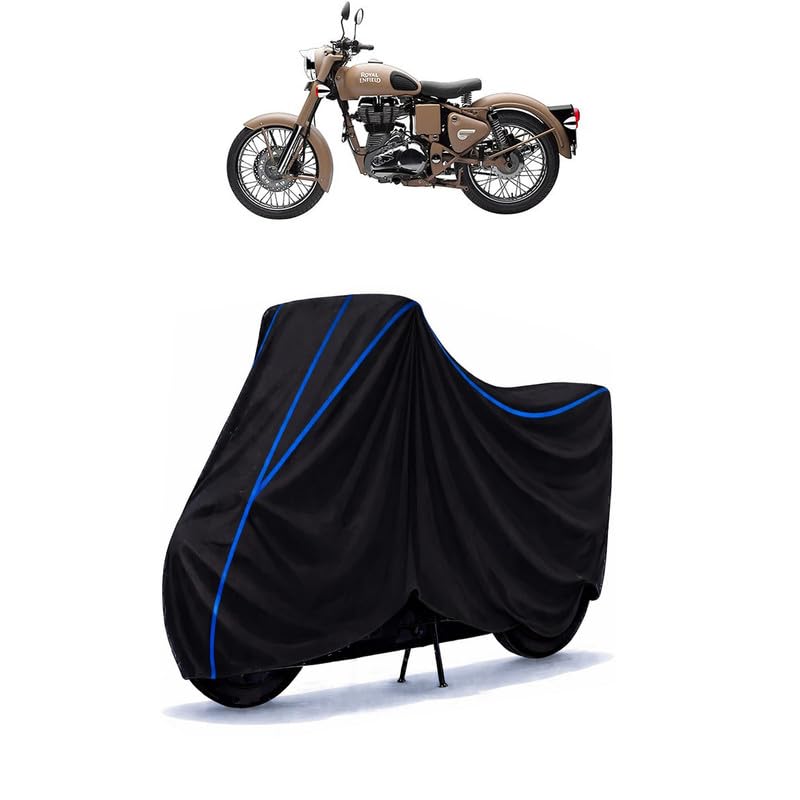 Image of Classic Desert Storm 350 Bike Cover Water Resistant Universal Motorcycle Rain | Heavy Duty UV Protection, Dust, Scratch Indoor Outdoor All Weather with Black Blue Piping Elastic
