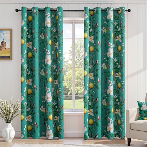 Image of MYSKY HOME Floral Blackout Curtains 84 inch Long for Living Room Vintage Mid Century Style Lemon Hummingbird Patterned Room Darkening Privacy Drapes Grommet Living Dining Room, 2 Pcs, 52 inchW, Deep Green