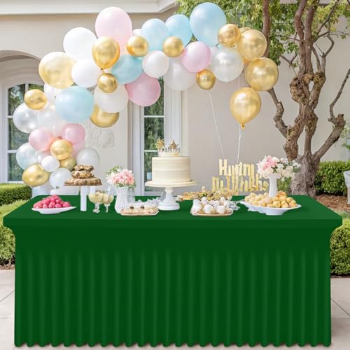 Image of Smiry 2 Pack Spandex Elastic Fitted Table Cloth Skirt for 8FT Table | Stretch Washable Table Cloth, Banquet Table Cover for Wedding, Party, Indoor & Trade Shows, (Emerald Green, 96Lx30Wx30H)