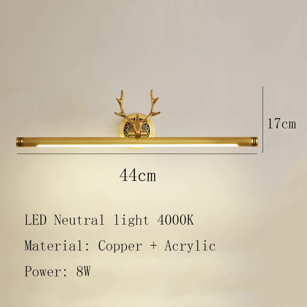 LED Spiegellampe Badleuchte 8W Badlampe Spiegelleuchte Geweih Badezimmer Lampe Retro Schrankleuchte Schminklicht Acryl Aufbauleuchte Golden für Spiegel Wandbild Schrank-Beleuchtung Neutralweiß L44cm