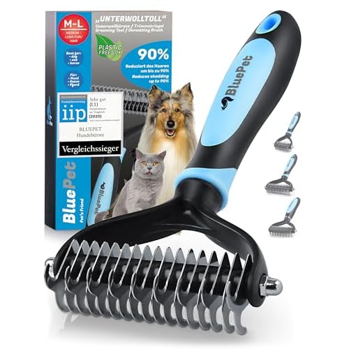 Bluepet® UnterwollToll Hundebürste & Katzenbürste für langhaar | Unterwollkamm entfernt Unterwolle & Verfilzungen | Ausdünnen & Deckhaarschutz | Fellbürste Größe M-L blau