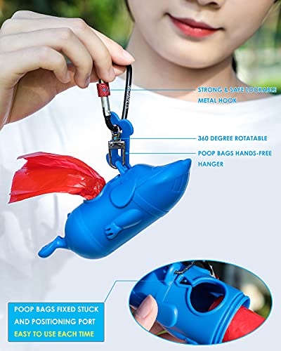 Image of Poop Bag Holder Dispenser with Used Waste Bag Carrier, Creative Styling, ABS Body, 360 Rotatable Lockable Buckle for Leash (Blue)