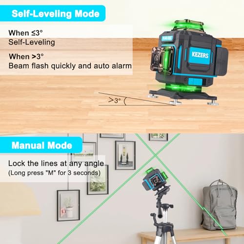 KEZERS Laser Level 360 Self Leveling,4 x 360 Laser Level with Screen Green Laser Level Line tool Leveling and Alignment Laser Tool with Pulse Mode for Construction and Picture Hanging,Remote Control