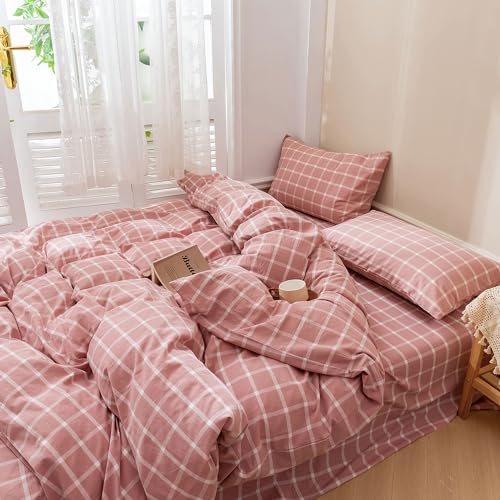 Image of EAVD Modern Style Pink Plaid Duvet Cover Queen Soft Cotton Pink and White Grid Plaid Bedding Set with 2 Pillowcases Simple Checkered Geometric Duvet Cover with Zipper Closure