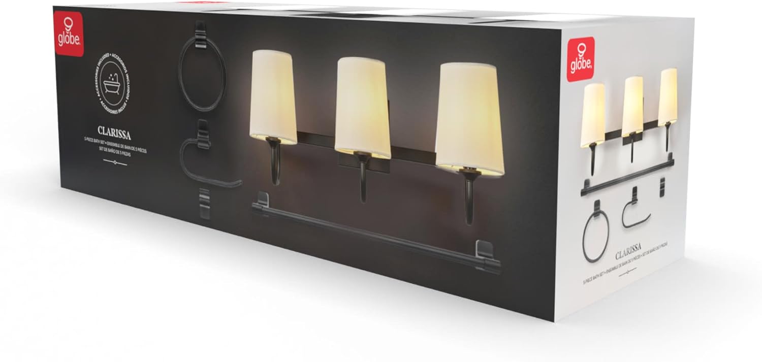 Globe Electric 91009586 Clarissa Bathroom Vanity Set - 3 Light 22" Wide Vanity Light, Towel Bar, Robe Hook, Toilet Paper Holder, and Towel Ring Included - Matte