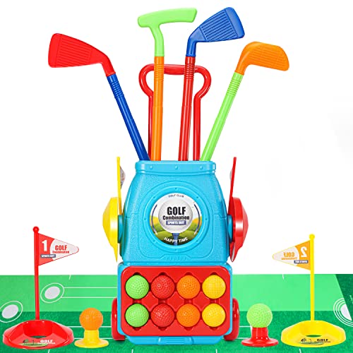 BELLOCHIDDO Kids Golf Set - Toddler Golf Clubs with 8 Balls, 4 Golf Sticks, 2 Practice Holes ＆ a Putting Mat, Ball Game Play Set Indoor & Outdoor Sport Toys Gift for 3 4 5 6 Year Old Boys and Girls