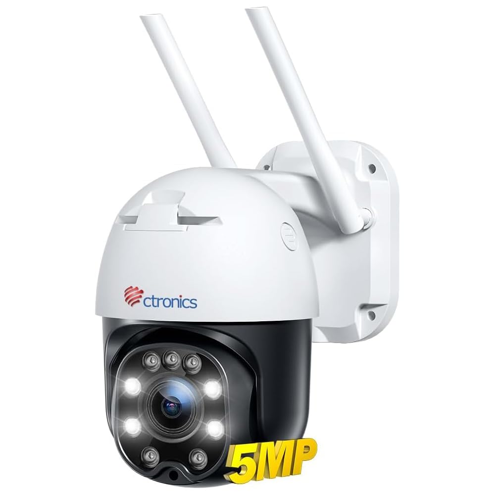 Ctronics 5MP PTZ Telecamera Esterno/Interno, 2,4/5 GHz WiFi Videocamera Sorveglianza con 2560X1920P, Visione Notturna a Colori, Rilevamento Umano, Tracciamento Automatico, Audio Bidirezionale (nero