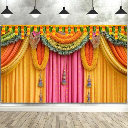 Image of 12x10FT Indian Pooja Backdrop, India Religious Festival Diwali Puja Ganpati Photography Background Marigold Pink Yellow Curtain Banner for Wedding Party Decor Photo Prop